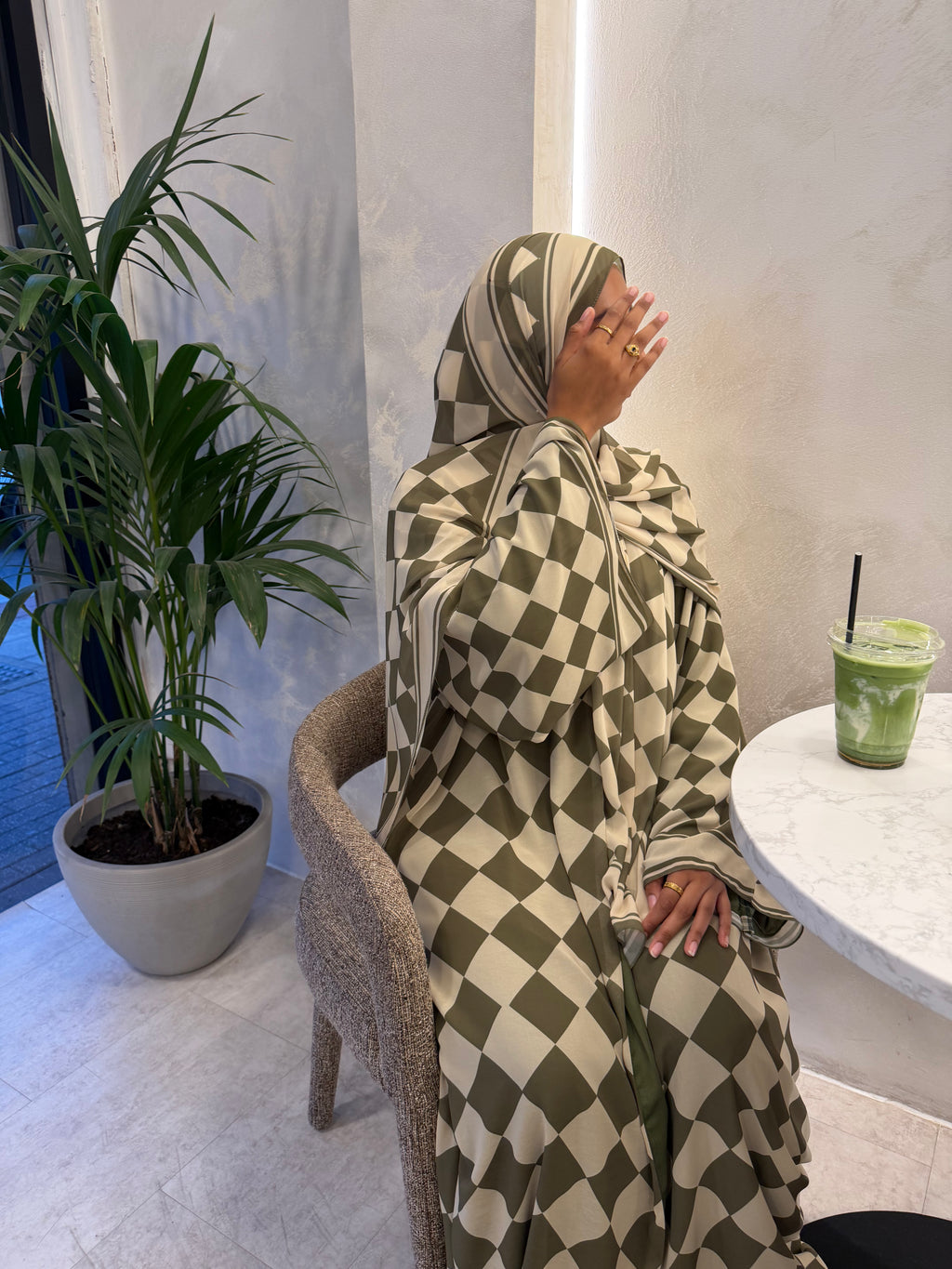 Olive Checkered Border Abaya