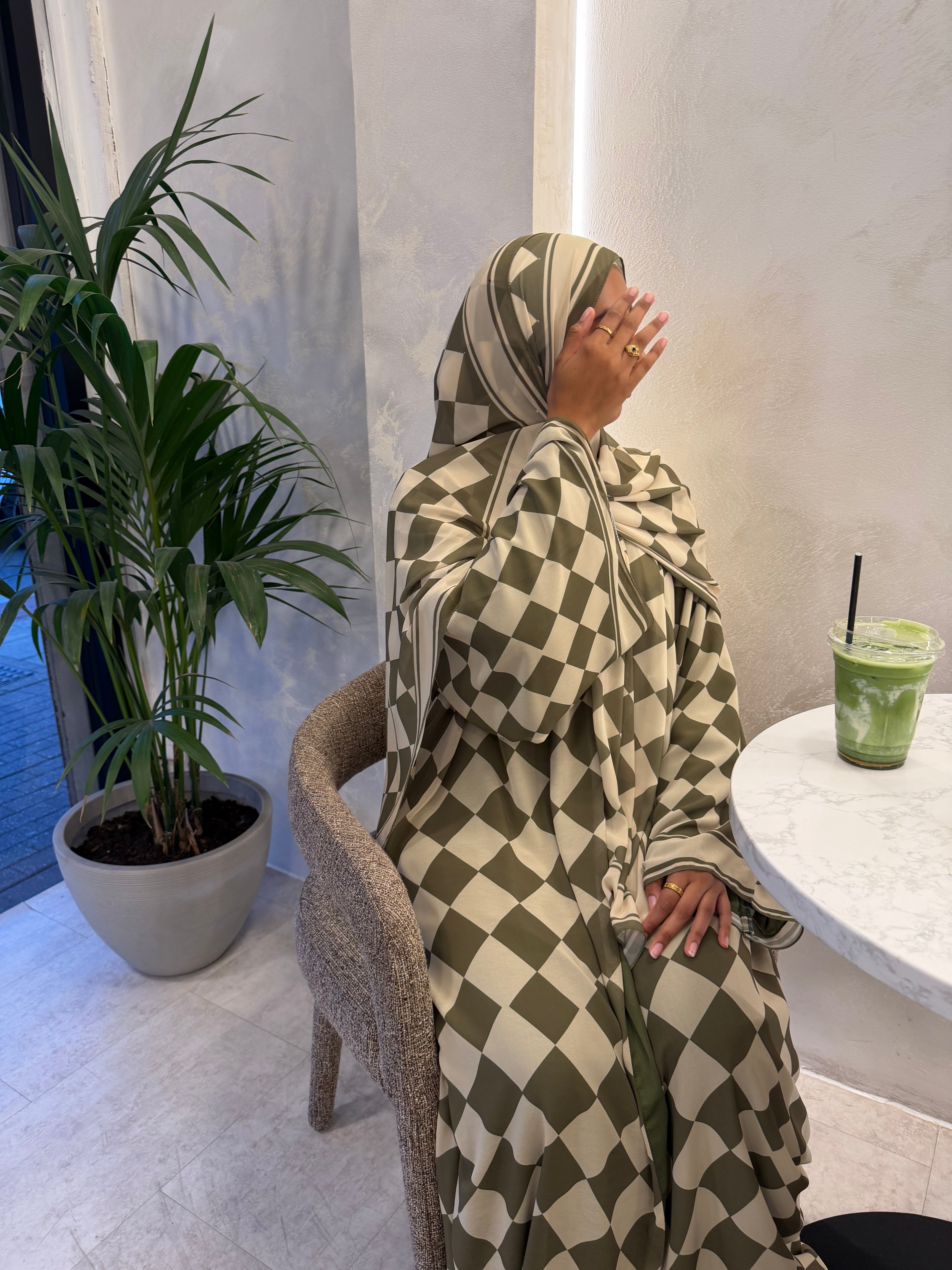 Olive Checkered Border Abaya